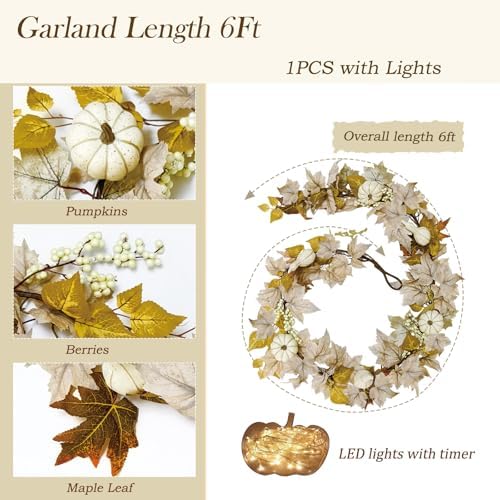 Fall Decorations for Home 6Ft Fall Garland with Lights, Fake Pumpkin Berry Autumn Maple Leaves Garland for Mantle Halloween Thanksgiving Fireplace Harvest Party, Fall Decor Indoor Outdoor Porch Vines - Image 3