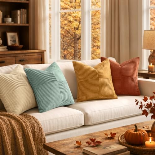 MIULEE Fall Teal-Orange Decorative Throw Pillow Covers 20x20 Inch Set of 4 Boho Corduroy Striped Cushion Cases Modern Farmhouse Patchwork Pillow Cases for Couch Sofa Bedroom Home Decor - Image 2