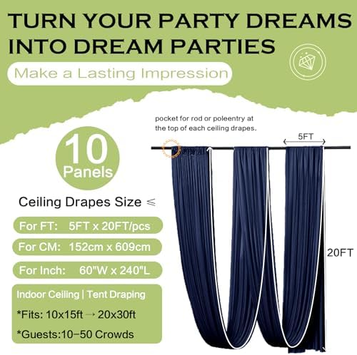 10 Panels 5ft(W) x 20ft(H) Navy Blue Ceiling Drapes for Wedding Parties - Image 6