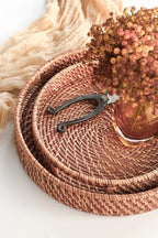 HITOMEN Hand-Woven Round Rattan Serving Tray Decorative Ottoman Wicker Platter with Handles for Coffee Table, Breakfast, Drinks, Snack, Bread, Fruit, Vegetables (Honey Brown Set of 2: M+L) - Image 4