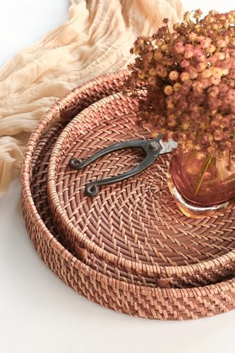 HITOMEN Hand-Woven Round Rattan Serving Tray Decorative Ottoman Wicker Platter with Handles for Coffee Table, Breakfast, Drinks, Snack, Bread, Fruit, Vegetables (Honey Brown Set of 2: M+L) - Image 4