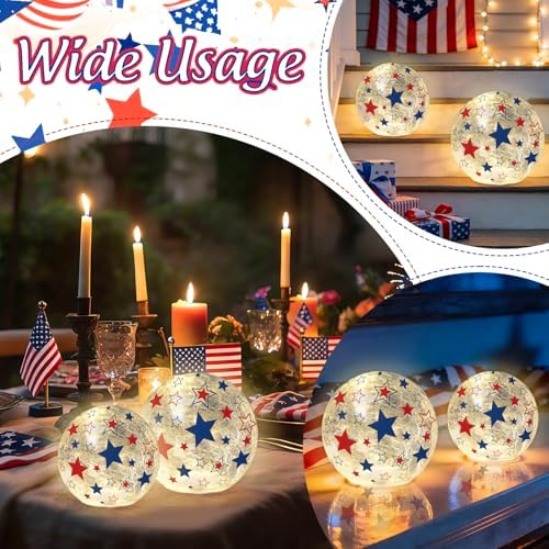Whaline Patriotic Lighted Decorative Glass Ball 4th of July Party Decoration 4.7/6 in Red Blue American Star Crackle Glass Globe Battery Operated for Independence Day Table Mantel Fireplace, Set of 2 - Image 7