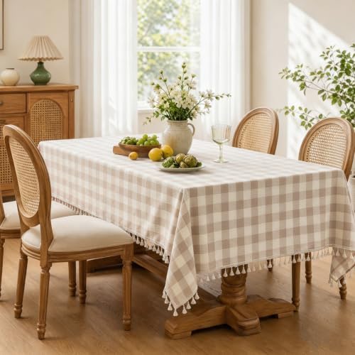 JIALE Gingham Tablecloth Rectangle Cotton Linen Fabric Checkered Table Cloth with Tassel Washable Wrinkle Free Buffalo Plaid Table Cover for Outdoor Party Picnic Kitchen Dining, Beige, 55x120 - Image 3