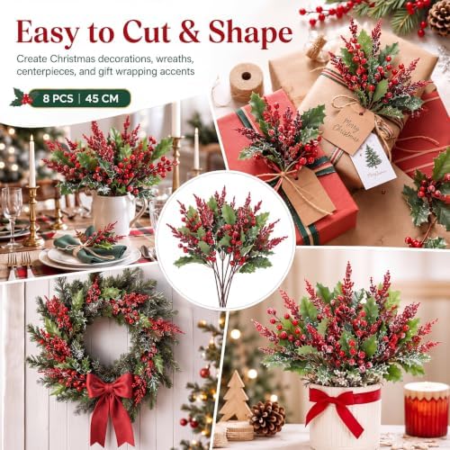 Cindeer 8 Pack 18" Christmas Artificial Red Berries Stems Holiday Decor - Image 4