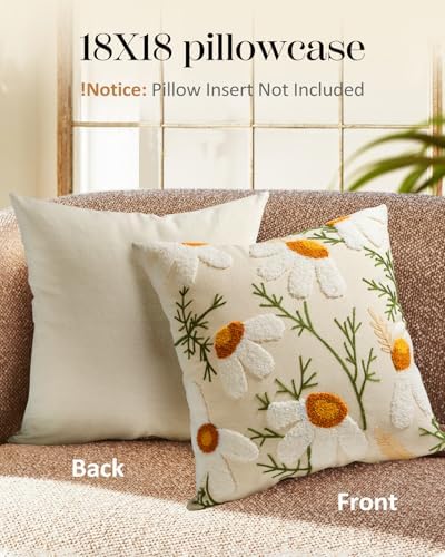 Embroidered Throw Pillow Covers 18x18 Inch - Set of 2 Summer Decorative Pillow Covers with Zipper Aesthetic Cute Design Throw Pillowcases for Couch Sofa Bed, Daisy - Image 4