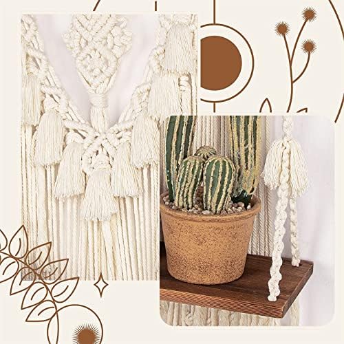 2-Tier Macrame Wall Hanging Shelf & Boho Decor, Wooden Floating Shelves - Image 4