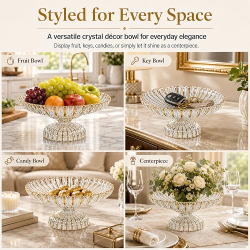 Gold Large Decorative Bowl 12'' Hand-painted Ruffle Decorative Bowl Glass Fruit Bowls Crystal Key Bowls Modern for Counter Home Decoration Table Centerpiece Kitchen Dining Room (Pedestal) - Image 6