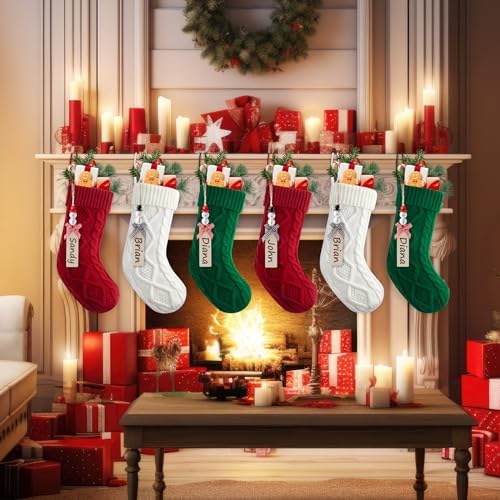 Personalized Christmas Stockings - 18 Inches Hanging Stockings with DIY Snowman Name Tags, 6 Pack Large Size Knitted Stockings for Mantels, Christmas Tree Family Holiday Decor, Red Green White - Image 3