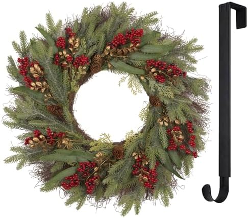 26” Christmas Wreath with Hanger Lights for Front Door Outdoor Evergreen Fir Berry Clusters Pine Cones Winter Décor Indoor Wall Decorations by YUGALI