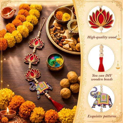 8 Pcs Indian Pichwai Style Diwali Hanging Decor, Red Lotus with Elephant - Image 3