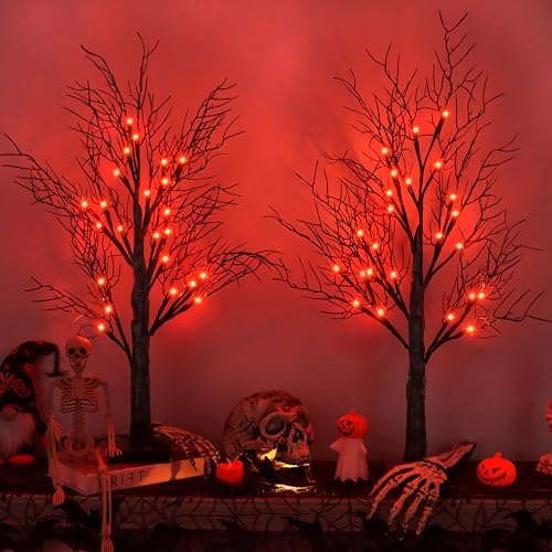 Halloween Decorations Indoor 2 Pack 24 Inch Black Halloween Tree with 48 Orange Red Led Lights, Timer/USB/Battery Operated Lighted Tabletop Spooky Tree for Halloween Table Decor Home Office Party by Envotek