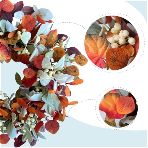 22 Inch Fall Front Door Wreath with Eucalyptus Lamb Ears Leaves and Berries, Autumn Fall Leaves Wreath with White Berries for Indoor and Outdoor, Festival Home Decor - Image 2