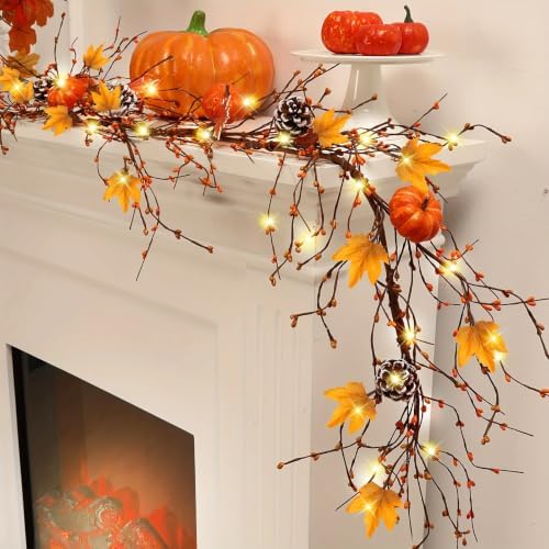 5 FT Fall Garland with Lights, Fall Maple Leaf Garland with Pumpkin Berries Pinecones Outdoor Thanksgiving Autumn Centerpiece Decorations for Home Door Fireplace Porch by Unknown