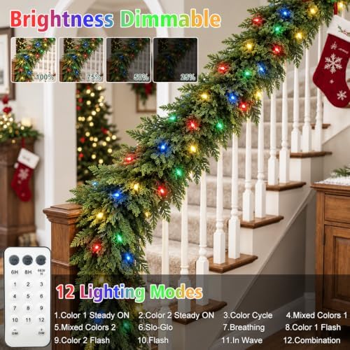 9FT Christmas Cedar Garland with Lights Real Touch Prelit Pine Garland - Image 4