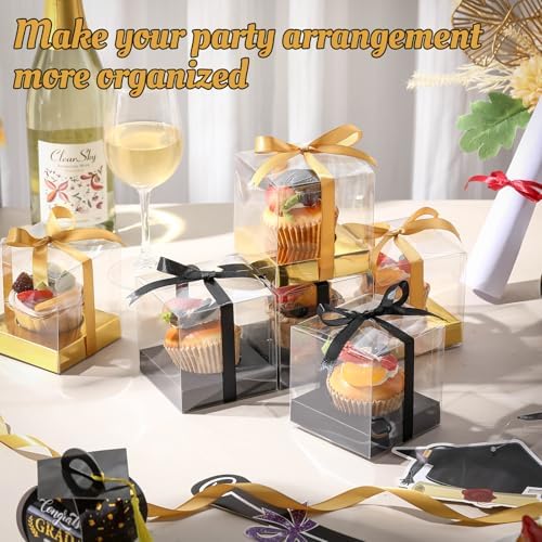 Gerrii 100 Pcs Clear Plastic Individual Cupcake Boxes 3.5" Single Cupcake Containers Transparent Ornament Gift Box with Inserts and Ribbon for Wedding Baby Shower Party Favor (Gold and Black) - Image 4