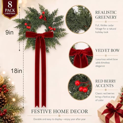 Giegxin 8 Pcs 9" Mini Christmas Kitchen Cabinet Wreath with Bow, Burgundy - Image 2