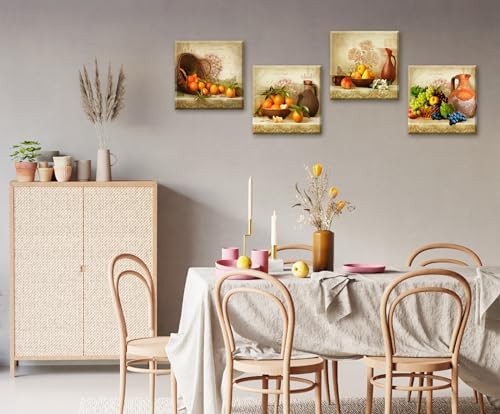 Kitchen Wall Decor 4-Piece Vintage Fruit Still Life Canvas Art 12x12 Inch - Image 2