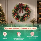 Hykolity 28 Inch Pre-Lit Magnolia Christmas Wreath with 50 Warm White LEDs and Timer, Battery Operated Artificial PE & PVC Wreath with Burgundy Flowers, Ornaments and Plaid Bow for Front Door - Image 6