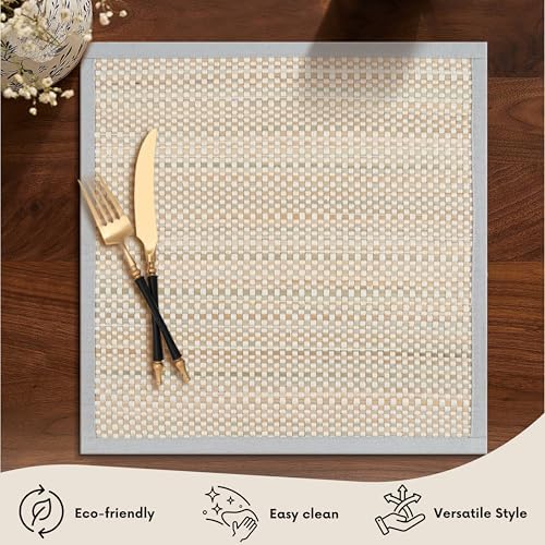 Hausattire Bamboo Placemats for Dining Table Set of 10 Washable 14x14 Inch Square Place Mats Sushi Mats for Kitchen Table Outdoor Parties Easter Farmhouse Boho Decoration - Grey - Image 2