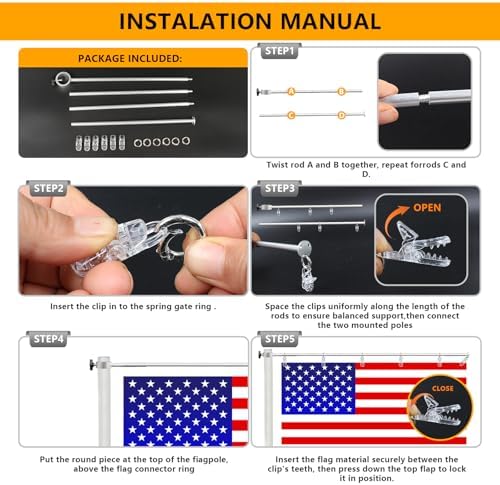 Adjustable Flag Straightener Rod and Detangler Kit with Strong Non-Slip Clips, for 0.7-1.1 Inch Diameter Flagpole, Stopping Flag Tangling Around Pole in Windy Conditions（2 Pack, Silvery） - Image 4
