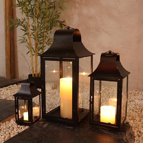 Lanterns Decorative Indoor & Outdoor, 22'' 16'' 11'' Large Candle Lanterns Decorative for Front Porch, Metal Frame Square Holders with Glass, Vintage Patio, Garden, Yard Spring Decor - Image 3