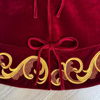 60-Inch Velvet Christmas Tree Skirt with Golden Swirl Embroidery and Lace Tie Closures, Burgundy - Image 5