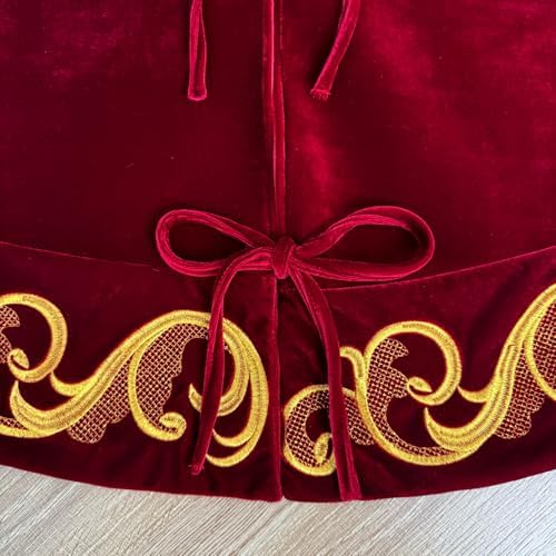 60-Inch Velvet Christmas Tree Skirt with Golden Swirl Embroidery and Lace Tie Closures, Burgundy - Image 5