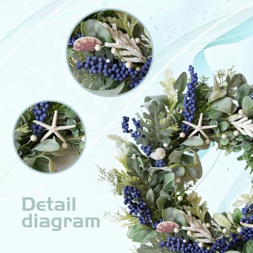 20 Inch Nautical Artificial Wreath with Starfish & Seashells Blue Berry Eucalyptus Wreath for Front Door Coastal Summer Home Decor for Wall/Fireplace - Image 2