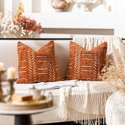 BlissBlush Decorative Throw Pillow Covers 18X18 Set of 2, Brick Red Terracotta Boho Farmhouse Cushion Cover, Cozy Soft Accent Pillowcase for Couch Sofa Bed Living Room Home Décor - Image 4