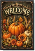 Decorative Tin Sign Vintage Metal Tin Sign Welcome Pumpkins Sunflowers Wheat Ornate Wood Background Autumn Wall Decor for Entryway Living Room 12×16 Inches with Metal Frame by Unknown