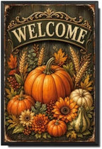 Decorative Tin Sign Vintage Metal Tin Sign Welcome Pumpkins Sunflowers Wheat Ornate Wood Background Autumn Wall Decor for Entryway Living Room 12×16 Inches with Metal Frame by Unknown
