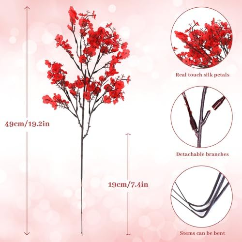 Uieke 30 Pcs Valentine’s Day Artificial Baby’s Breath Flowers, Red Pink Faux Gypsophila Bouquets Real Touch Silk Fake Flowers for Romantic Wedding, Anniversary, Party, Home Table Centerpiece Décor - Image 2