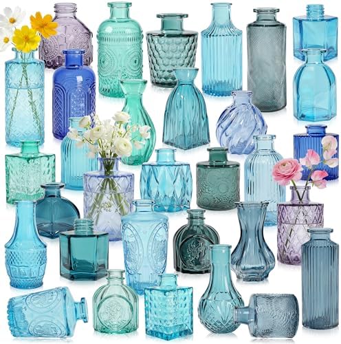Colored Glass Vases Bulk 32 Pcs - Assorted Vintage Bud Vases for Wedding Centerpieces, Rustic Embossed Glass Bottles for Table Decor, Home Floral Arrangements with Blue Series (2-6 Inch) by SHOHAYTO