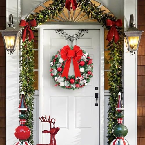 Christmas Wreath with Lights, 20" Christmas Wreaths for Front Door with Red Bow, Christmas Door Wreath for Indoor Outdoor Fireplace Wall Window Christmas Decor - Image 3