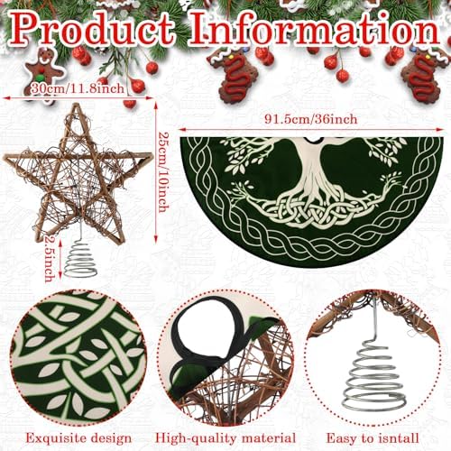 2 Pcs Yule Christmas Tree Topper and 36'' Tree Skirt Set Rustic Star Treetop Pagan Winter Solstice Ornament Rattan Christmas Decor for Yuletide Xmas Decorations - Image 2