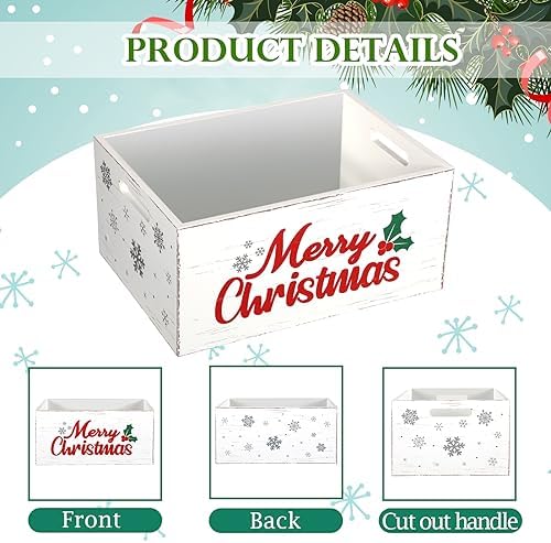 Namalu Christmas Hot Cocoa Bar Storage Box Wooden Crate with Handles Hot Cocoa Decorative Rustic Farmhouse Wood Basket Christmas Wood Storage Bins Organizer Bucket for Xmas Candy Dish Home(White) - Image 3