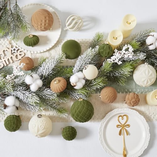 30pcs Velvet Christmas Ball Ornaments, Flocked Shatterproof Christmas Ornaments Hanging Xmas Tree Decorations Set for Home Party Holiday Decor (Multi-Size, Brown-Green-Cream) - Image 3