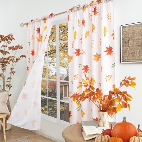 youleyar Fall Curtains for Living Room, 72 Inch Length Rod Pocket Thanksgiving Curtian Panels, Autumn Falling Maple Leaves Window Drapes for Bedroom Dining Room Drapes, 52" W x 72" L - Image 3