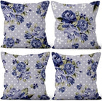 Blue Flower Throw Pillow Covers 26"x26" Set of 4, Retro Floral Decorative Pillowcases for Sofa Chair Couch Bed Living Room Office Car Garden Patio Farmhouse Indoor Outdoor by VieSavaran