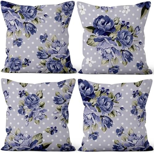 Blue Flower Throw Pillow Covers 26"x26" Set of 4, Retro Floral Decorative Pillowcases for Sofa Chair Couch Bed Living Room Office Car Garden Patio Farmhouse Indoor Outdoor by VieSavaran