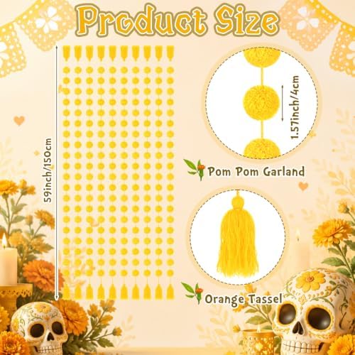 Yalikop 10 Pcs Pom Pom Garland 5 ft Diwali Party, Yellow - Image 2