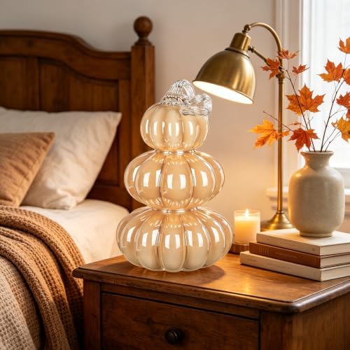 Stacked Glass Pumpkin Decor, Fall Halloween Table Centerpiece, Cream - Image 7