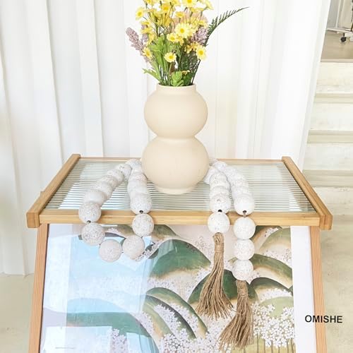 OMISHE 76" Long Extra Large Wood Bead Garland with 1.6" Diameter Wooden Beads and Tassels, Rustic Farmhouse Country Decorative Beads for Home Tiered Tray Decor, Rustic White - Image 5