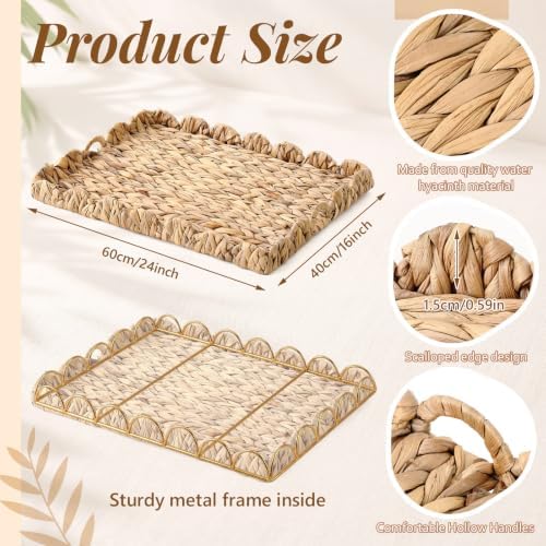 Teenyyou Water Hyacinth Scalloped Tray 24" x 18" x 2.4" Large Rectangle Woven Decorative Serving Tray with Handle for Coffee Table Ottoman Handwoven Basket Home Decor for Kitchen Counter Organizing - Image 2