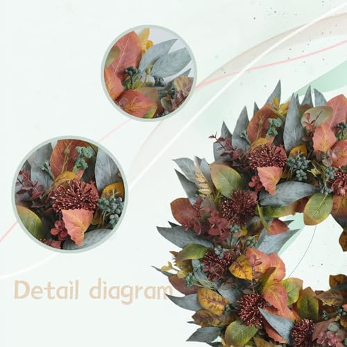 22-inch Fall Front Door Wreath Artificial Green Brown Autumn Leaf Red Thorn Fruit Fall Wreath Farmhouse Courtyard Indoor Outdoor Decoration Thanksgiving Harvest Festival Party Decoration - Image 2