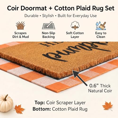 Fall Decor Doormat Combo Set, 100% Coco Coir Welcome Mat + 3' x 5' Orange and White Plaid Rug - Fall Thanksgiving Front Porch Entryway Decor Floor Mat, Indoor Outdoors Autumn Mats Hello Pumpkin - Image 4