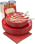 N9R 225PCS Red Gold Plastic Plates, Disposable Dinnerware Set hibachi Party by N9RTABLEWARE