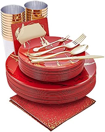 N9R 225PCS Red Gold Plastic Plates, Disposable Dinnerware Set hibachi Party by N9RTABLEWARE