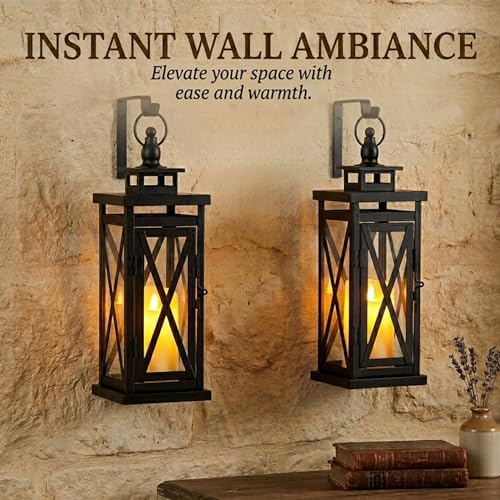 TRIROCKS Set of 2 Deacorative Candle Lantern 11'' High Metal Candle Holder Hanging Lanterns with Tempered Glass Perfect for Indoor Outdoor Home Decor Parties Garden Events Wedding (Black) - Image 4