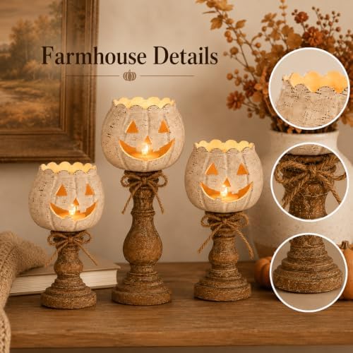 Rustic White Pumpkin Tealight Candle Holder Set, Farmhouse Halloween Pumpkin Tea Light Candle Holders Decor, Fall Tables Centerpieces for Thanksgiving & Halloween Party - Image 2